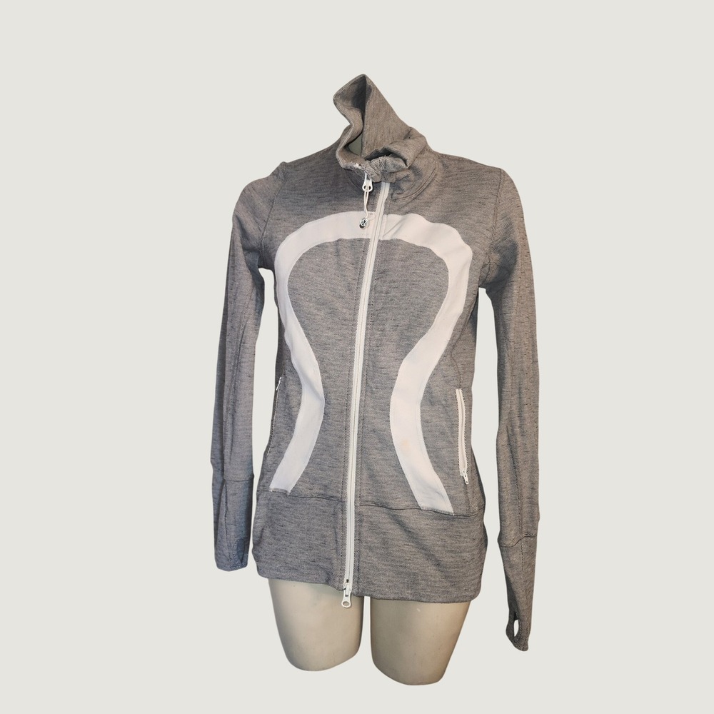 Lululemon Full Zip Track Jacket Gray White Logo Thumbholes Size 6 see pictures